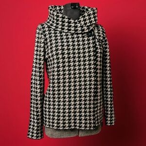 Ellen Tracy Classic Black & White Houndstooth Funnel Neck Knit Cardigan Size L